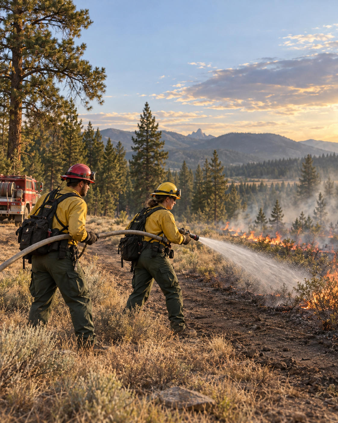 Two wildland firefighters work together, directing water onto a low fire along a cleared forest edge.